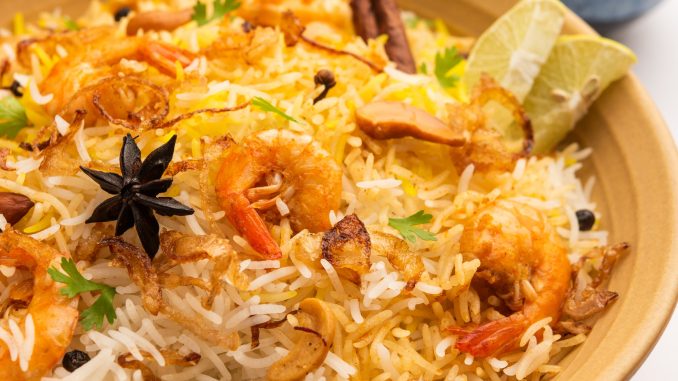 Tasty and delicious prawns biryani, jheenga pulav or shrimp pilaf